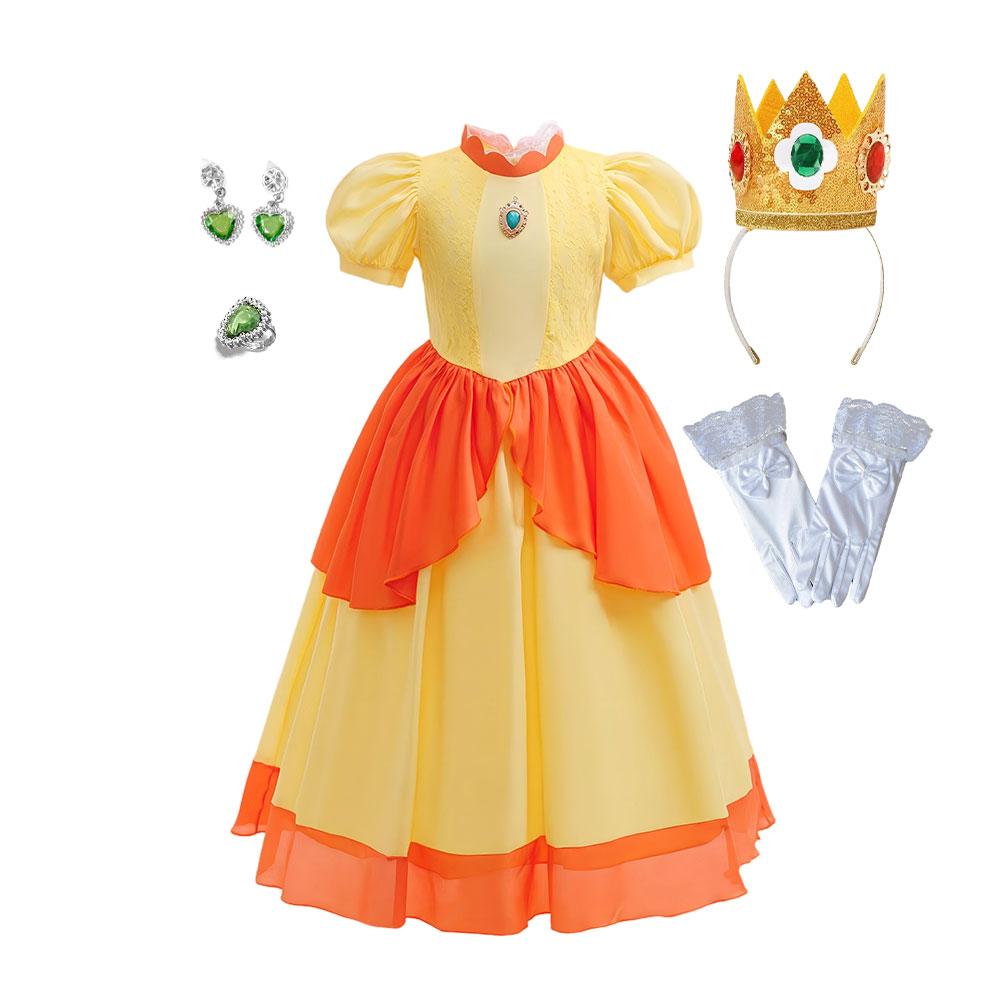 Girl Yellow Lace Princess Dress Daisy Role Play Peach Costume Plumber Partner Adventure Galaxy Movie Cosplay Apparel Ball Gown