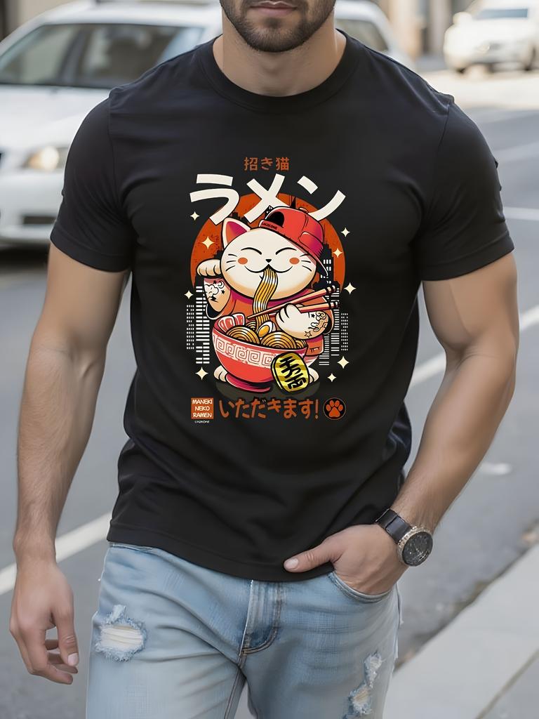 Japanese Ramen Cat Graphic - Anime Streetwear Tee with Cute Cat Eating Ramen Bowl - Black Shirt for Casual Everyday & Themed Events T-shirt