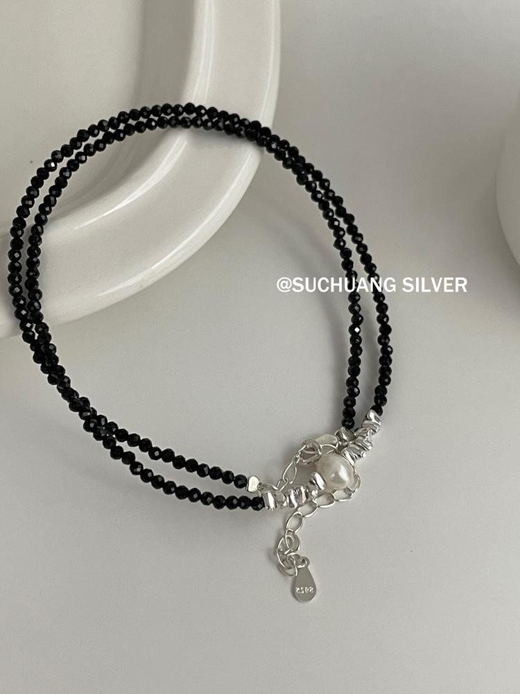 Su Chuang Серебряное ожерелье S925 с жемчугом и черным шпинелью - Женская цепочка на ключицы в стиле легкой роскоши