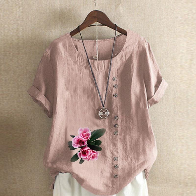 Women's Fashion Flowers Prined Round Neck Short Sleeve T-shirt Casual Cotton Linen Graphic Shirt Leisure Loose Summer Blouse Tops Plus Size