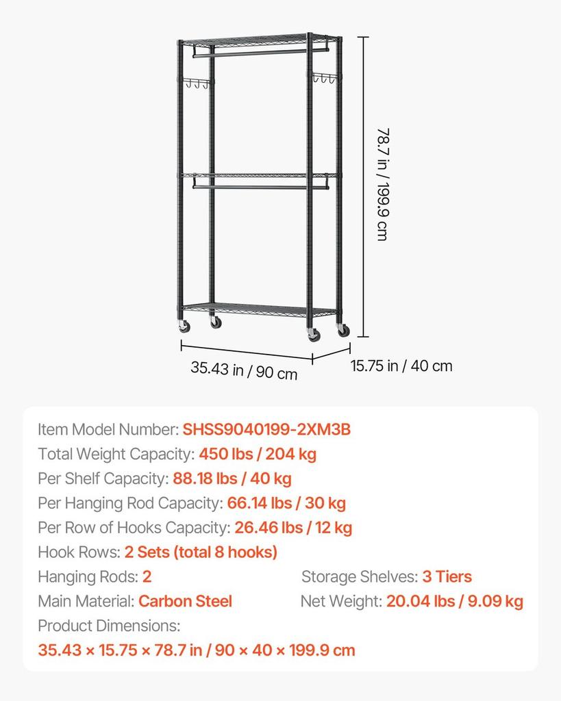 Rolling Clothes Rack, Heavy Duty Clothing Garment Rack, 3 Adjustable Tiers Clothing Racks with Carbon Steel, 204 kg Load Capacity Closet Wardrobe for