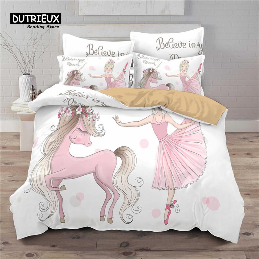 Cartoon Ballet Girl Toddler Bedding Set For Kids Teen Girls Microfiber Modern Swan Cat Unicorn Print Duvet Cover Bedroom Decor