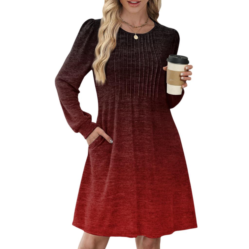 Женское повседневное платье с длинным рукавом, плиссировкой, круглым вырезом, градиентным принтом и карманами