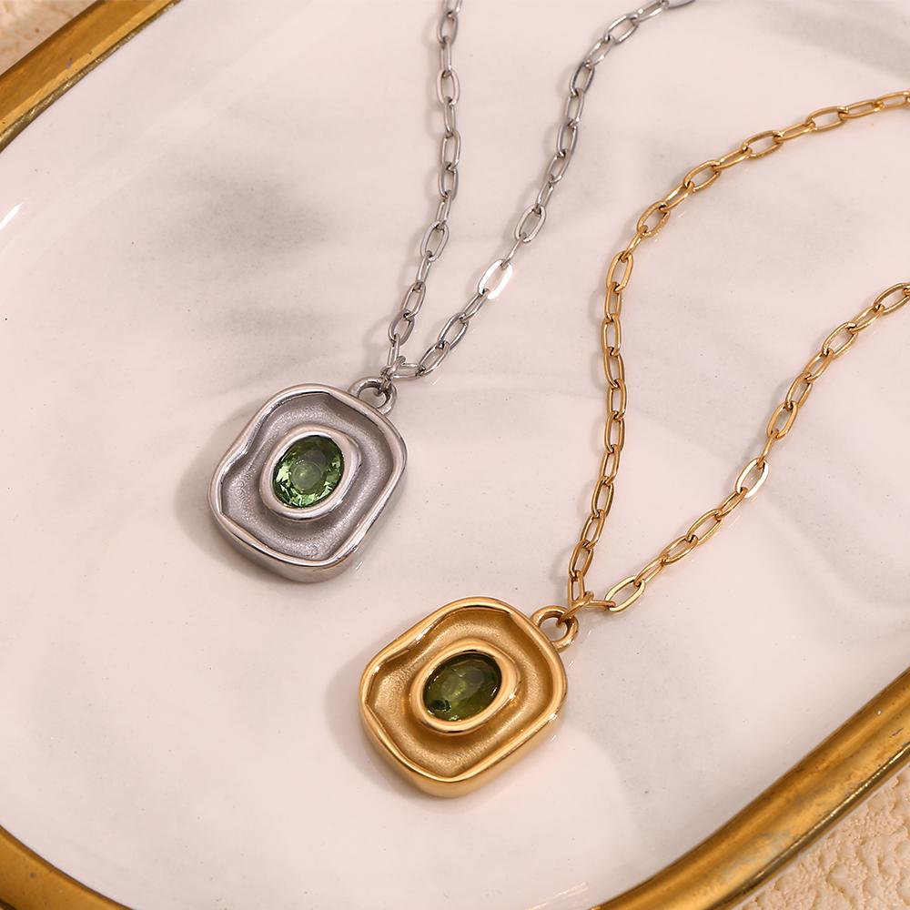 MamacitaSlay Retro Irregular Pendant Round Green Zircon Paper Clip Chain women's necklace trendy women's stainless steel jewelry