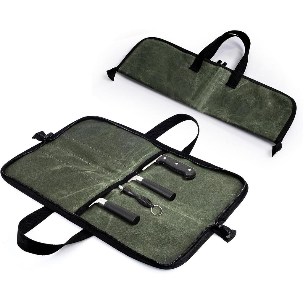 Camping Knife Roll Bag Waxed Canvas Outdoor Picnic Utensil Organizer Portable Knife Carrier