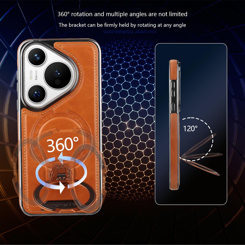 Magnetic Rotating Bracket Leather Case For Huawei Pura 90 Pro Max Pura 80 Pro+ P70 Ultra P60 Wireless Charging Plating Cover