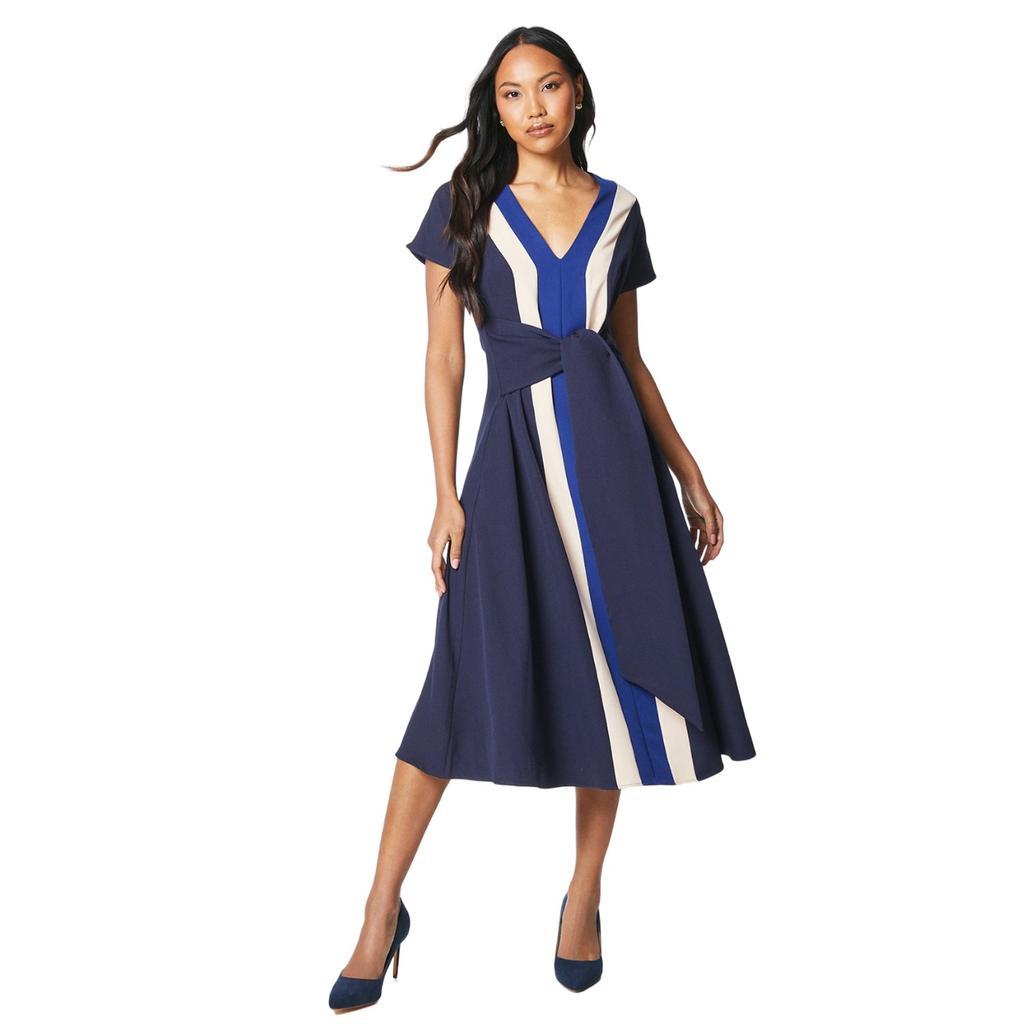 Принципы Женское/Дамское Платье Миди с Цветными Блоками и Завязкой на Поясе