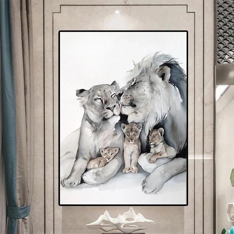 Лев Семья Плакат Печать Отец Мать Дети Настенное Искусство Муж и Жена Любящий Дом Холст Картины Настенные Художественные Украшения Картины