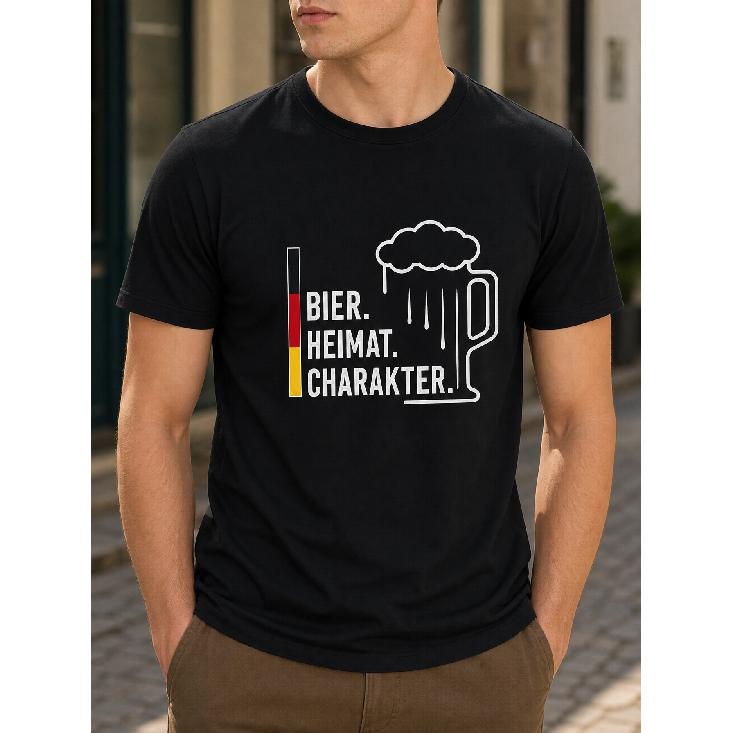 men's black short sleeve crew neck t-shirt with german beer graphic print, soft cotton feel, casual fit for everyday wear or festival outings