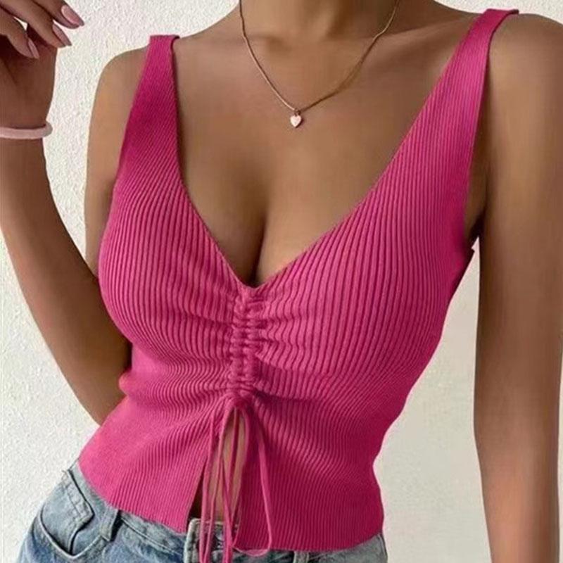 Women Summer Sleeveless V Neck Sexy Drawstring Bandage Bare Midriff Vest Crop Top