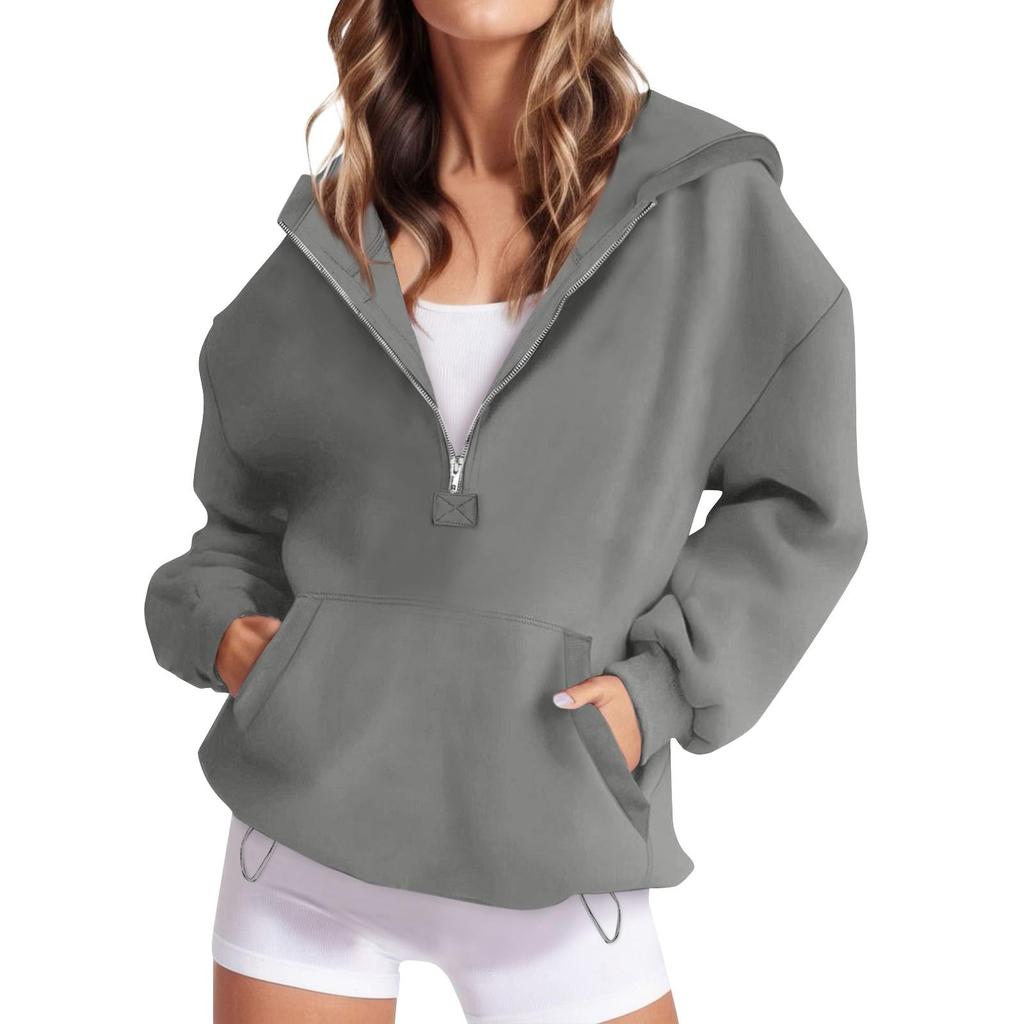Women's Loose Comfortable Casual Fashionable Solid Color Hooded Zipper Drawstring Sweatshirt