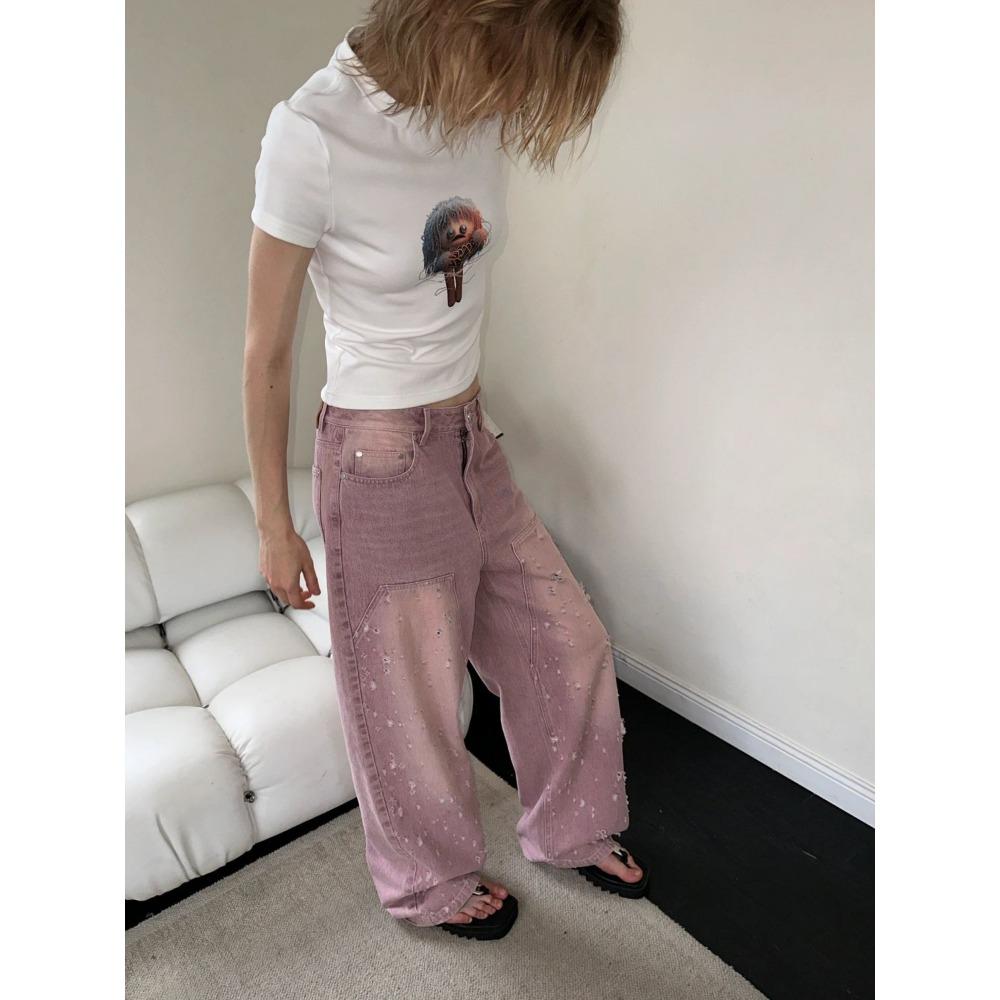 Винтажные фиолетовые, фиолетовые, розовые, с градиентом, женские джинсы, джинсовые брюки с рваными отверстиями, модные повседневные свободные прямые брюки большого размера