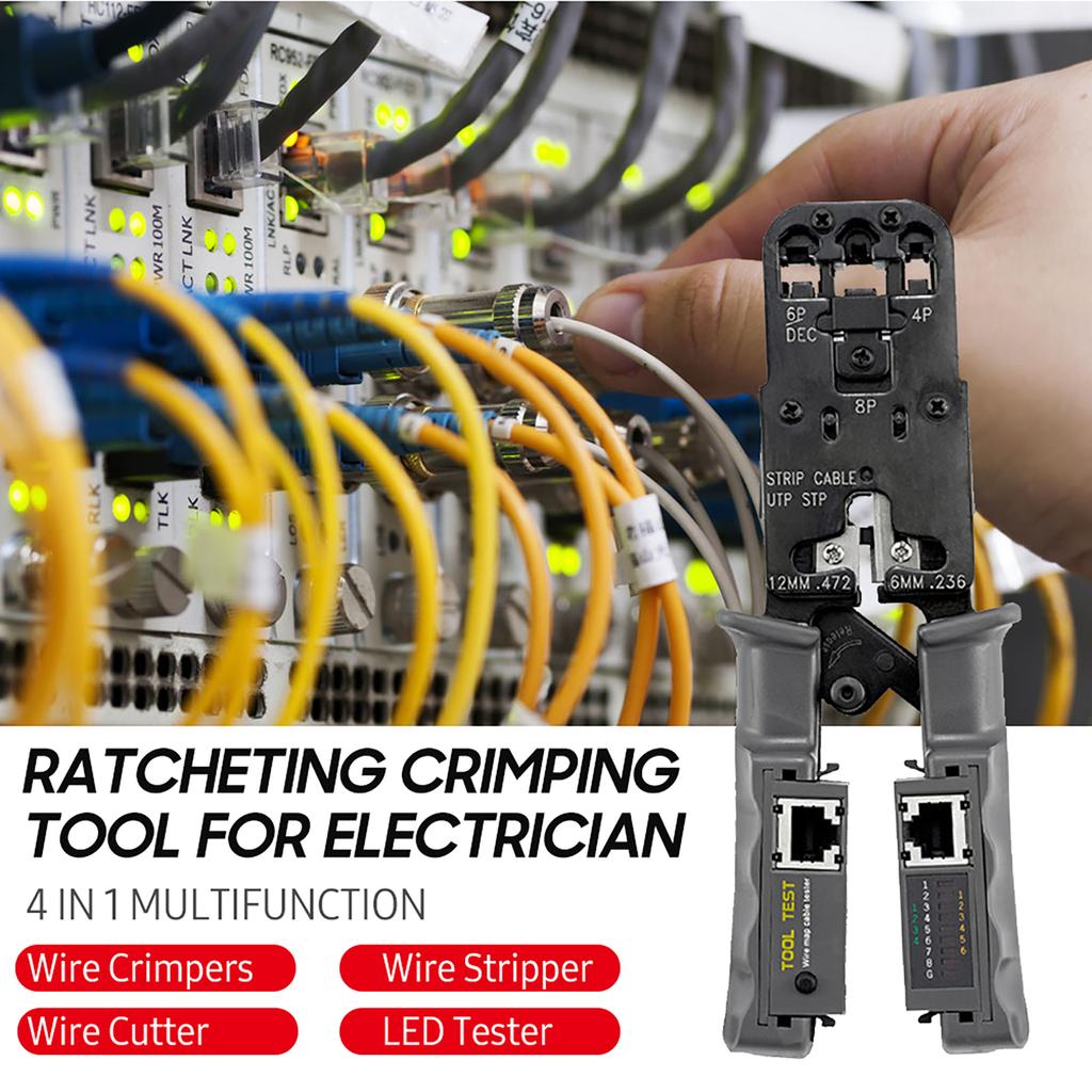 Ratcheting Crimping Tool with LED Tester 4 in 1 Multifunction Wire Crimpers Stripper Cutter Tester, 8P 6P 4P Network