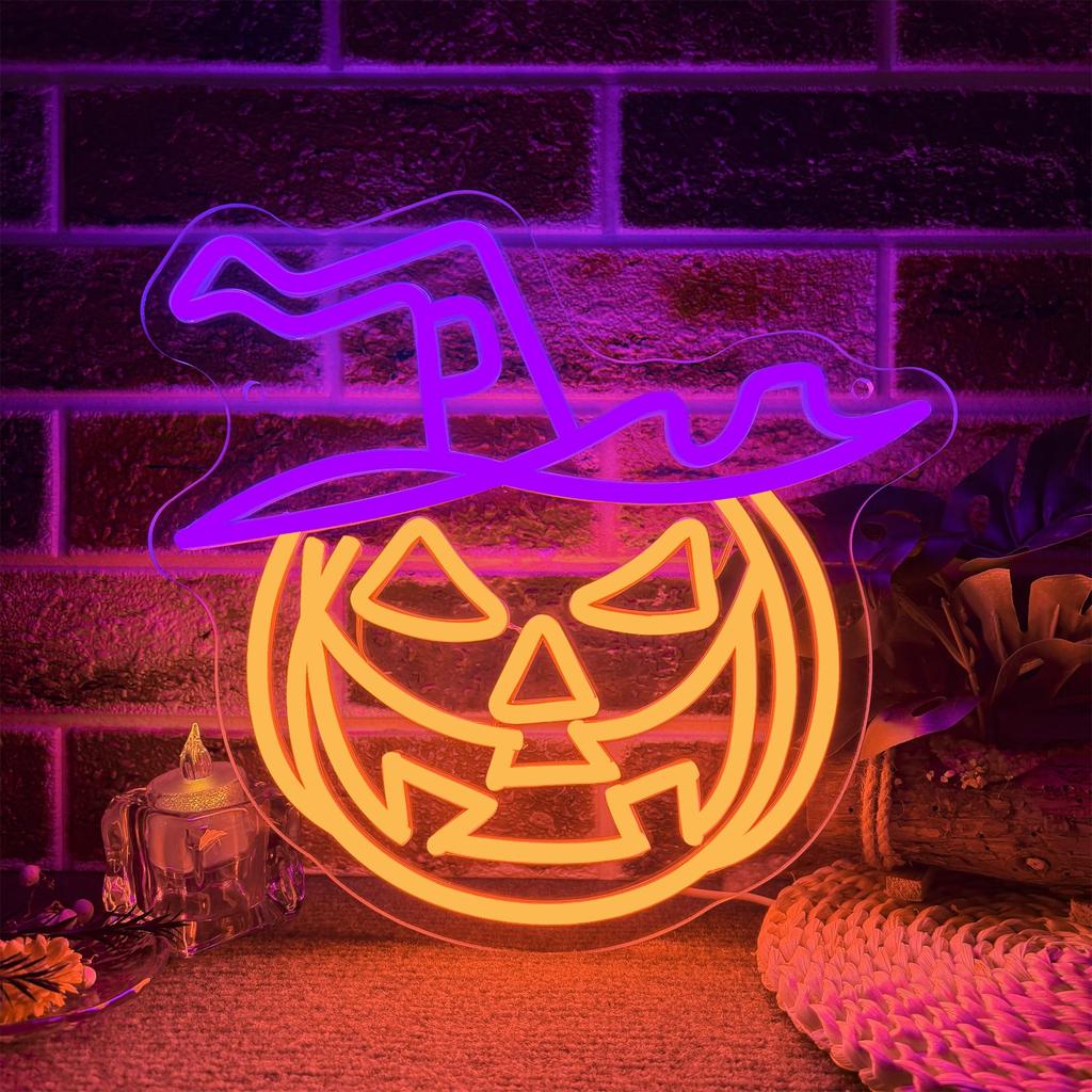 Halloween Neon Sign Pumpkin  Light Dimmable LED, for Halloween Witch Hat Themed Room Party, Living Room, Bar Decor