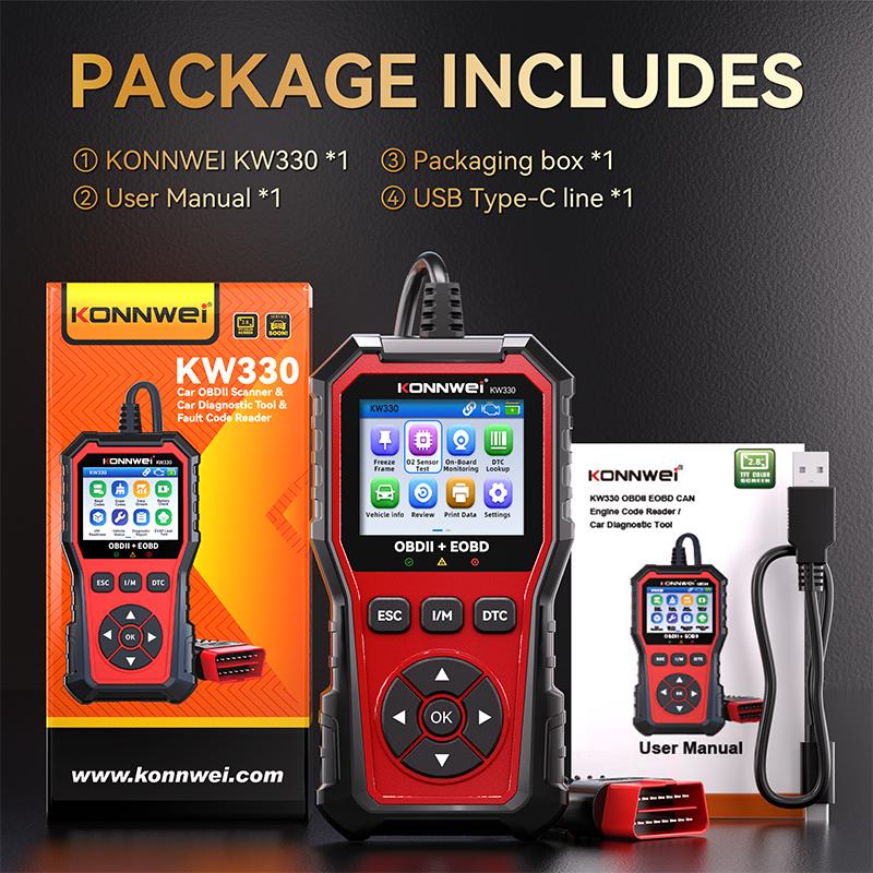 KONNWEI KW330 Automobile OBD2 Diagnostic Tool Engine Battery Check Fault Code Erase Read DTC Lookup Scanner Car OBD Function DIY