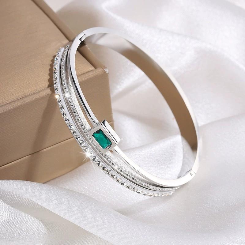 Premium Trendy Double Row Crystal Inlay Stainless Steel Bangle Elegant Accessory for Parties