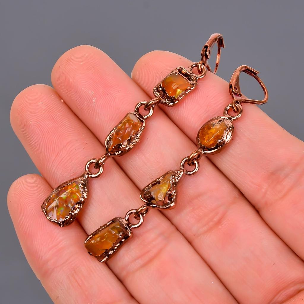 Ethiopian Opal Stone Copper Wife Gift Electroformed Dangle Drop Earrings Jewelry V-102