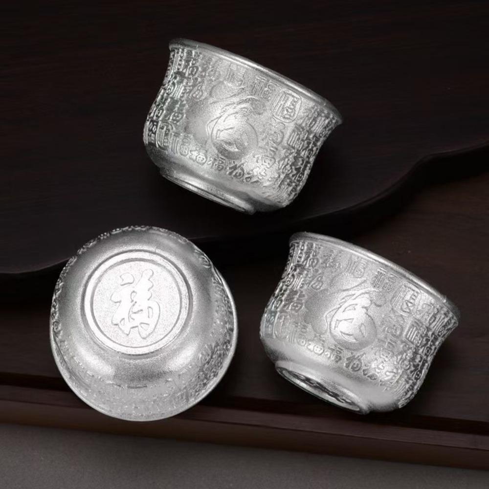 6pcs Gold/Silver Wine Cup Auspicious Fu Embossed Offering Water Bowl Ritual Tea Cup Temple