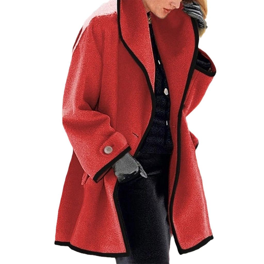Women's Long Coat with Black Trim, Button Front Closure, Multiple Colors (Blue, White, Red, Beige, Purple, Gray, Black)