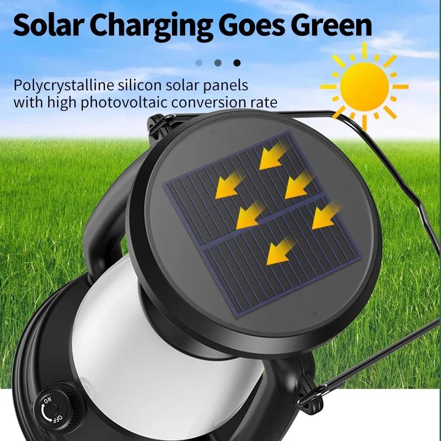 Portable Camping Lanterns USB Rechargeable Solar Charging Camping Light Dimming Outdoor Hanging Tent Light Hiking Fishing Lamp