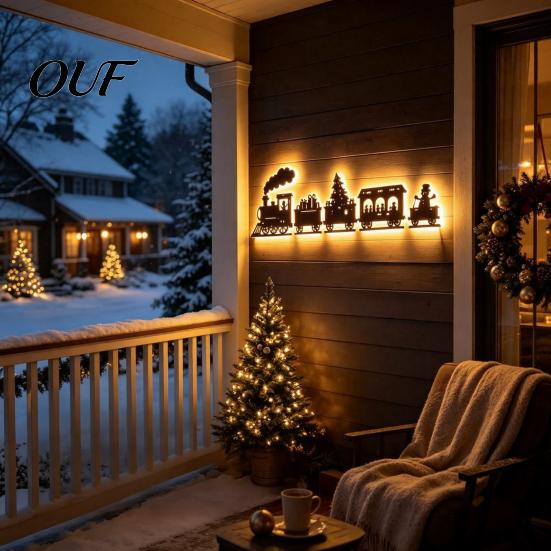 Modern Farmhouse Holiday Light Christmas Train LED Backlit Wall Light, Wooden Xmas Silhouette Decor with Rustic Wood Craft Warm Glow, Sign for