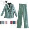 Women's Jacktet Double Breasted Notched Blazer Office Suit Pantsuit Solid Long Sleeve Suit + Trousers Blazer Women