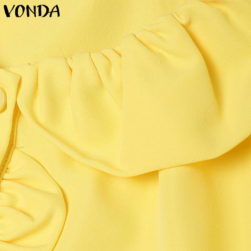 VONDA Женская блузка с короткими рукавами-буфами, застегивающаяся на пуговицы сбоку, с оборками, однотонная, повседневная