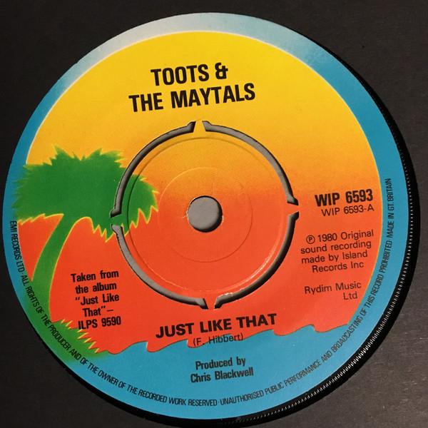 Пластинка 7 дюймов TOOTS THE MAYTALS Just Like That Gone With The Wind WIP6593 Island Records 1980 Великобритания Регги Ска Даб Б/у