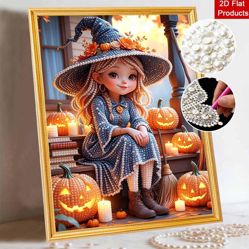 Halloween witch pearl painting art full pearl handmade diy home decorations pumpkin lights fall decor craft gift