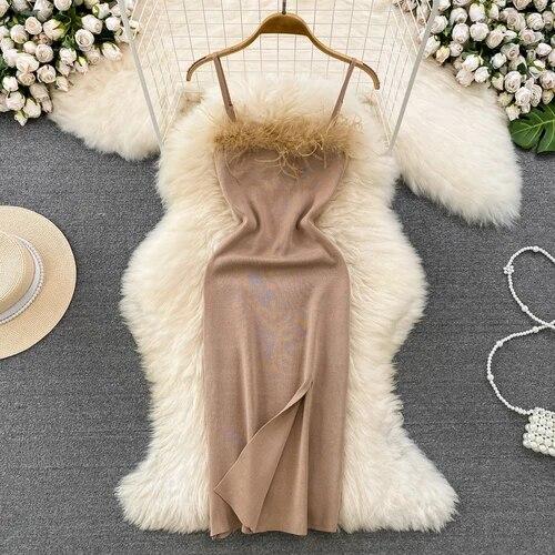 RUGOD Франция сексуальное вязаное клубное платье женское платье без рукавов с разрезом винтажное короткое платье перья монтаж зеленое тонкое платье