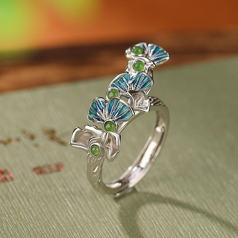 S925Pure silver ginkgo leaf ring with jade inlay, Chinese style open ring for women, fashionable silver jewelry