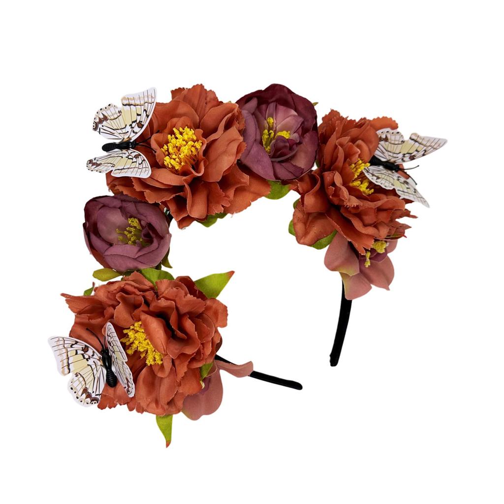 Традиционный реалистичный цветочный обруч для волос для женщин и девочек Музыкальный фестиваль Обруч для волос Заколка-ободок с бабочкой для официального случая