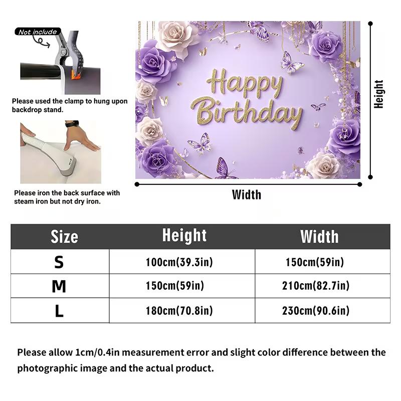 2D Lavender Floral Butterfly Happy Birthday Backdrop Purple Gold Party Photo Background