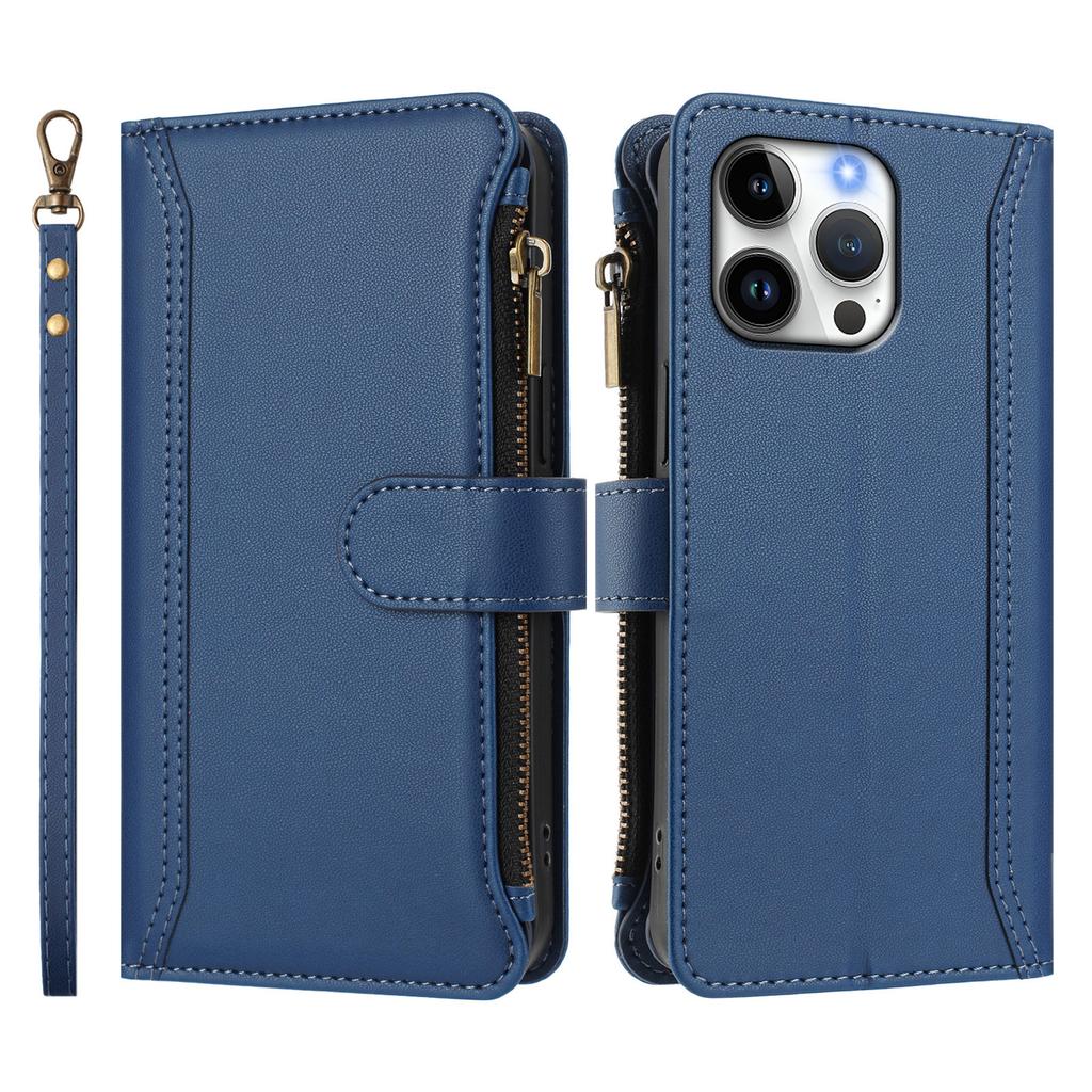 For iPhone 16 Pro Max Leather Case 9 Card Slots Zipper Wallet Stand Phone Cover with Wrist Strap