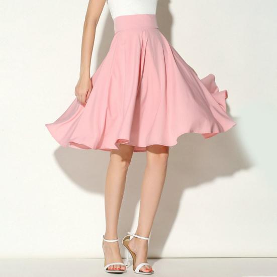 Women Skirt Elastic High Waist A-Line Style Skirt Solid Color Large Hem Skater