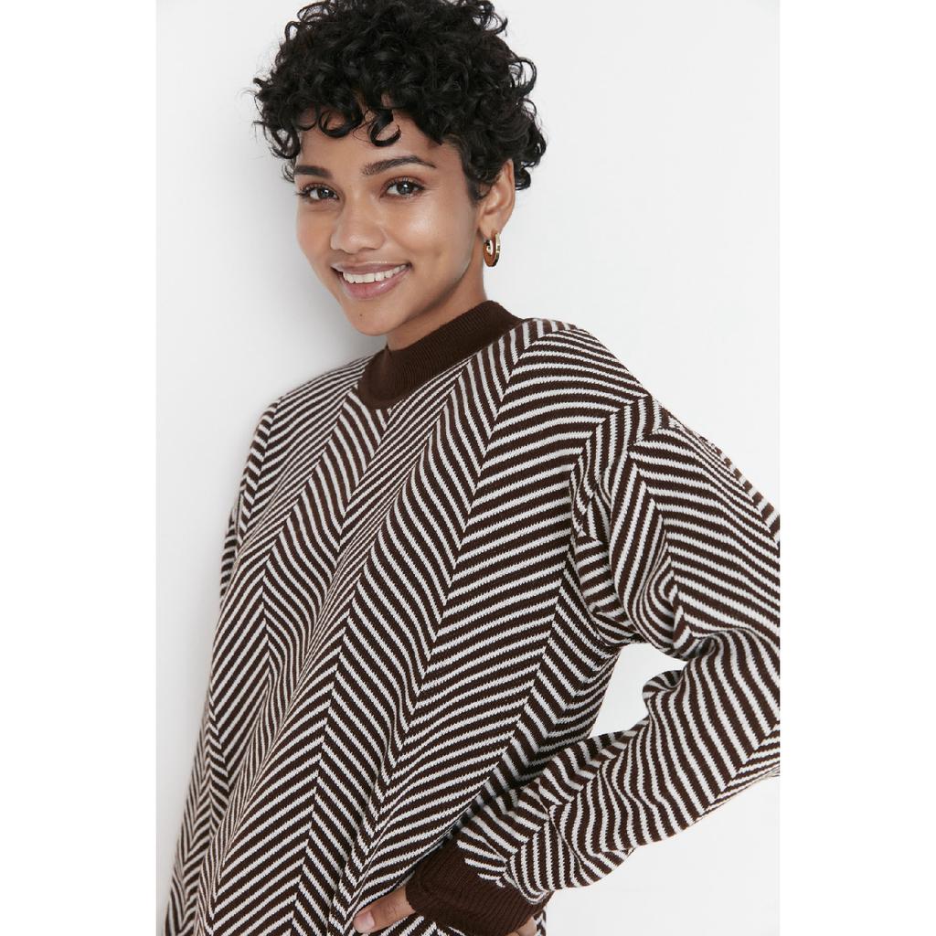 Коричневый трикотажный свитер в полоску с высоким воротником Tctaw23kz00026