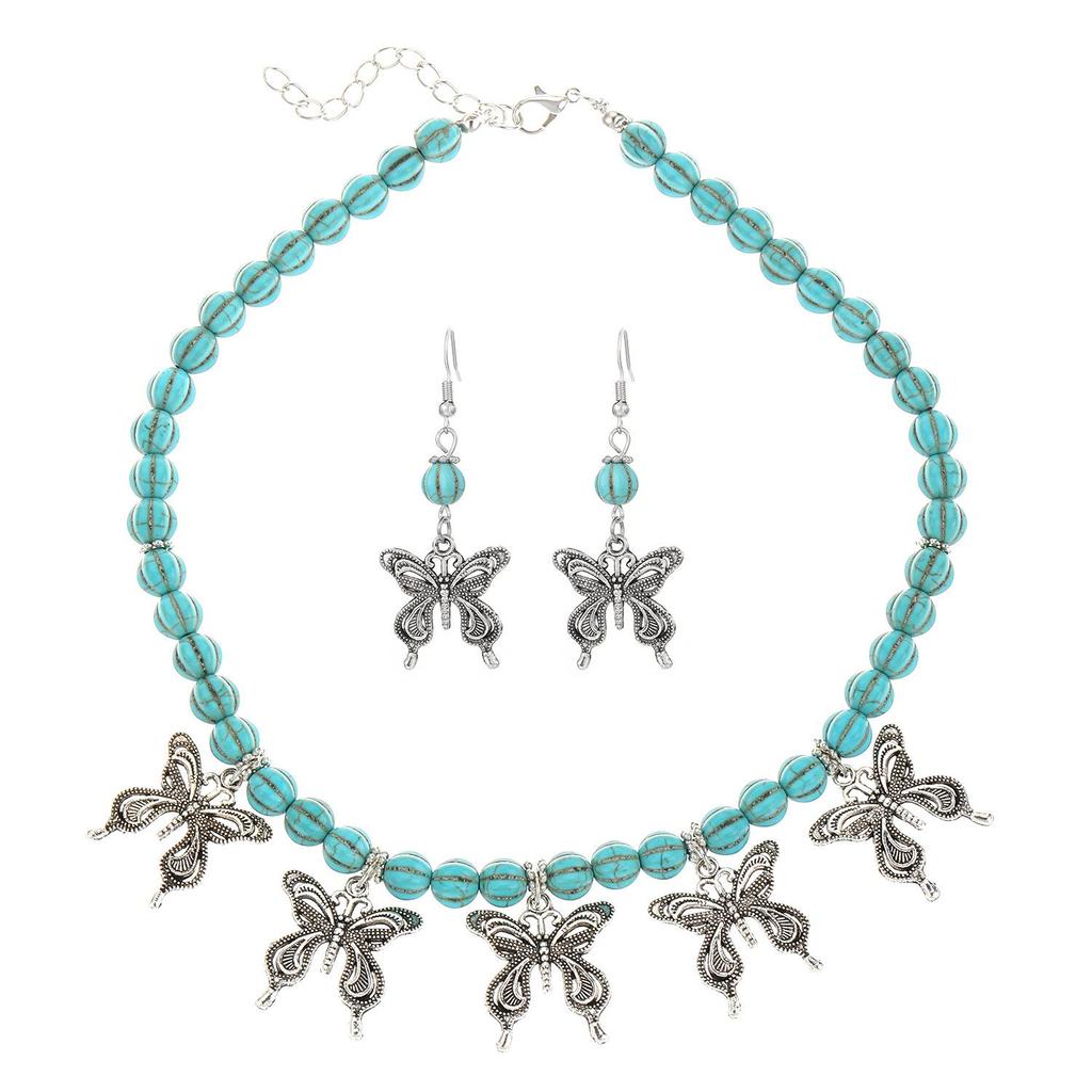 Винтажное бирюзовое лоскутное колье и серьги-сердечки, богемный ювелирный набор