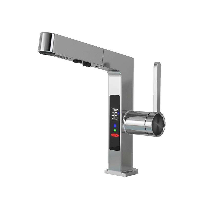 Смеситель для раковины с цифровым дисплеем, 2 режима, выдвижной распылитель горячей и холодной воды, смеситель для раковины, смеситель для мытья для ванной комнаты