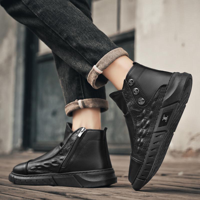 Original Black Ankle Boots Men Trend Zip Comfortable Leather Boots For Men Fashion Casual High Top Men's Boots Botas Para Hombre