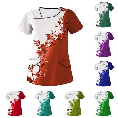 Женская повседневная рабочая одежда с цветочным принтом и коротким рукавом с наклонным воротником и двойными карманами