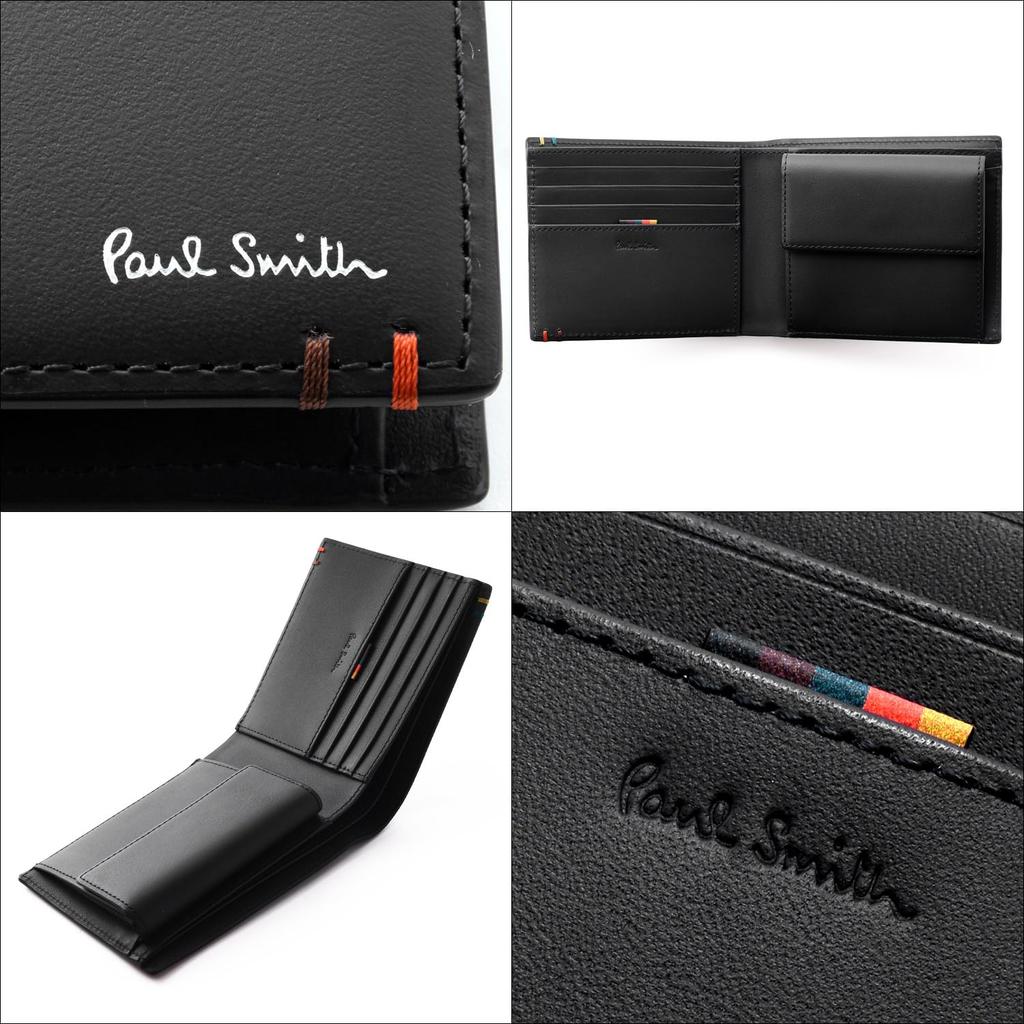 Paul Smith Highlight Stitch SS24 Bifold Wallet with Coin No Name 813006 P854 Wrapping Purse, Black, Engraving, (Gift Available)