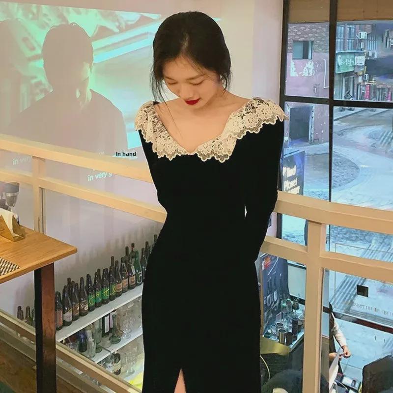 Women's Black Velvet Long-Sleeve Slit Dress - French Style with Lace, Spring/Autumn 2022.