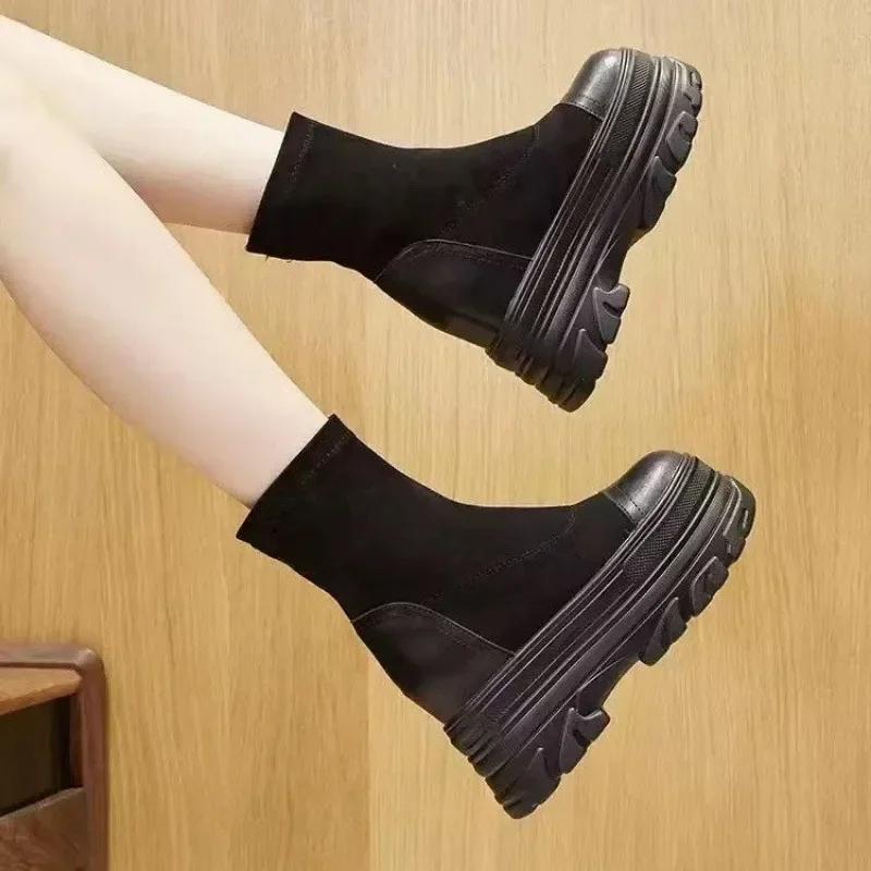Fashion Fashion High Quality Womens Shoes Heels Wedge Suede Elasticated 10CM Platform Ankle Boots Casual Shoes With Zipper Black Spring