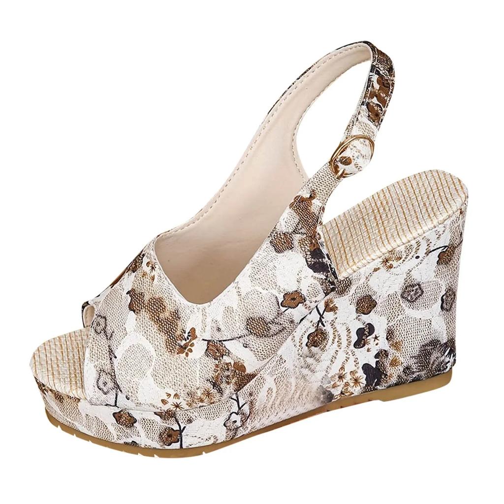Women Fashion Thick Heel Sandals Wedge Platform Sandals Fish Mouth Print High Heel Women'S Sandals Shallow Cut Shoes Woman 2024