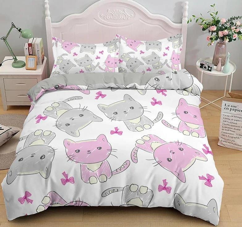 Мультяшный Милый Кот Пуховое Одеяло Пододеяльник 3-х Предметный Комплект Односторонней Печатью Постельное Белье Удобный Пододеяльник С 2 Наволочками