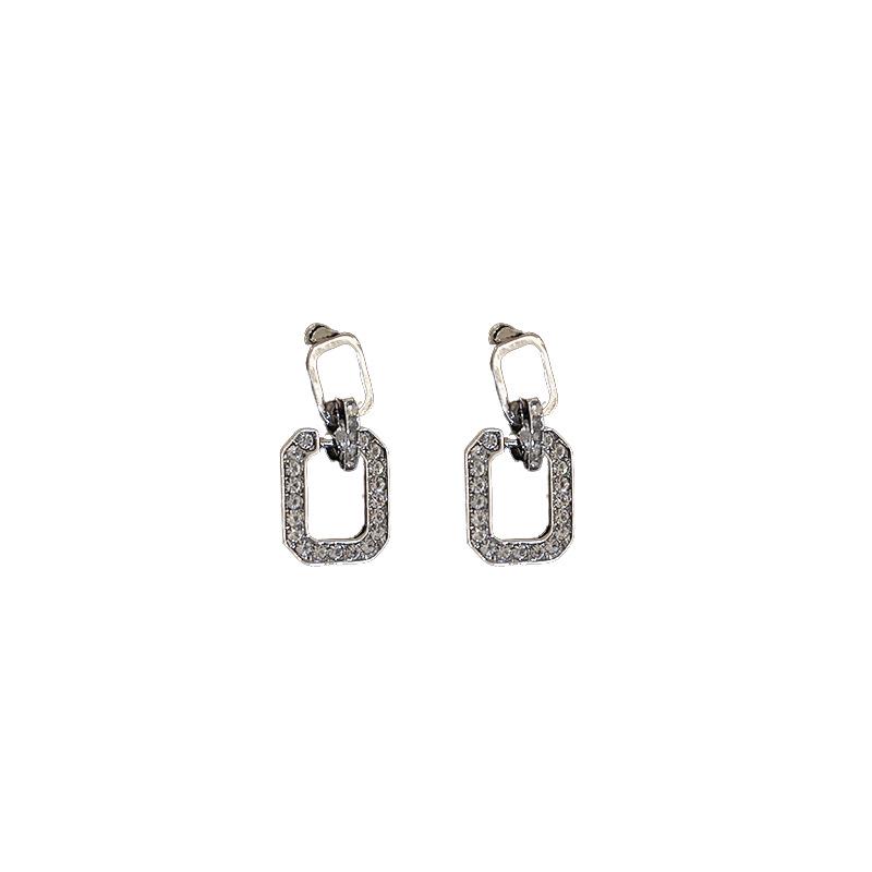 Diamond-Studded Geometric Silver Needle Earrings - Minimalist French Luxury for Women