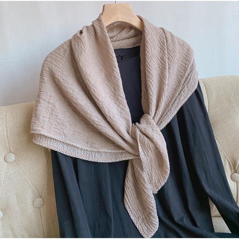 Spring and Autumn New Pleated Solid Color Cotton and Linen Large Square Scarf Silk Scarf Femininity Versatile Shawl Thin Neck Scarf