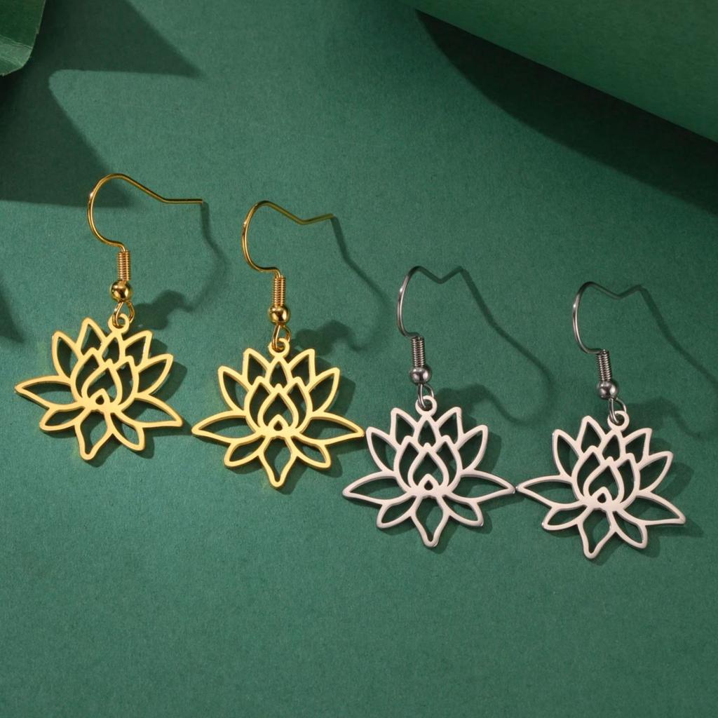 LIKGREAT Open Lotus Flower Dangle Earrings Women Stainless Steel Vintage Yoga Buddhism Healing Amulet Drop Hoop Earring Jewelry