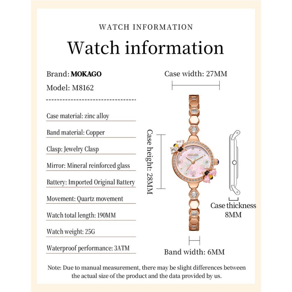 Women Quartz Wrist Watch Bee Decor Rhinestone Inlay Shell Dial Metal Bracelet Elegant Luxury Gift Wristwatch