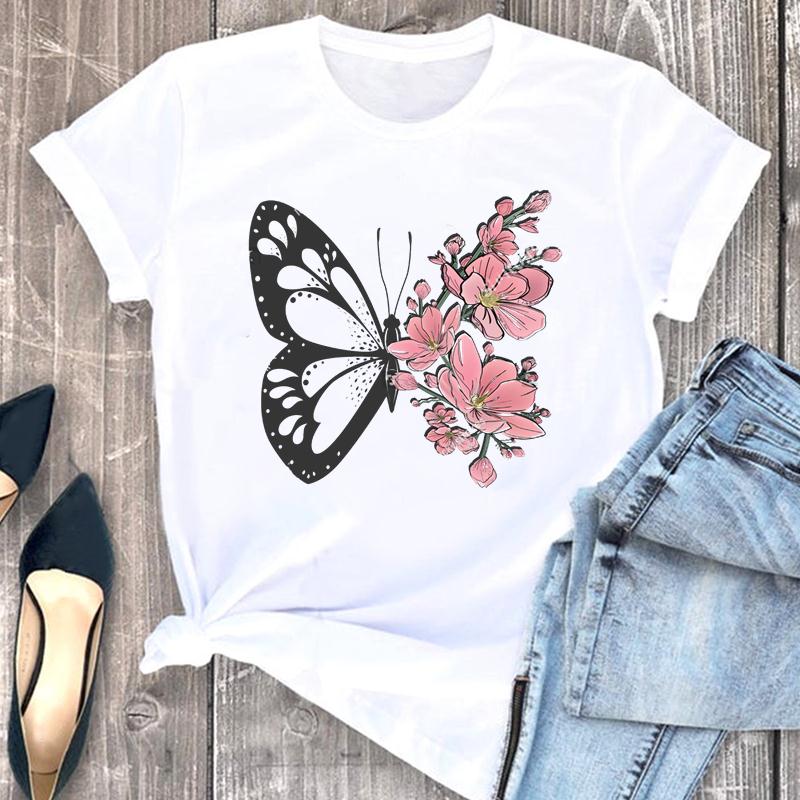 Женская футболка с принтом, летняя модная футболка с надписью Love Heart Butterfly, милая трендовая женская футболка, футболка с коротким рукавом и графикой